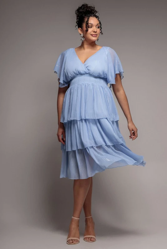 Image of Goddiva Plain Lurex Chiffon Ruffled Midi Dress Women Goddiva Bleu Female 24