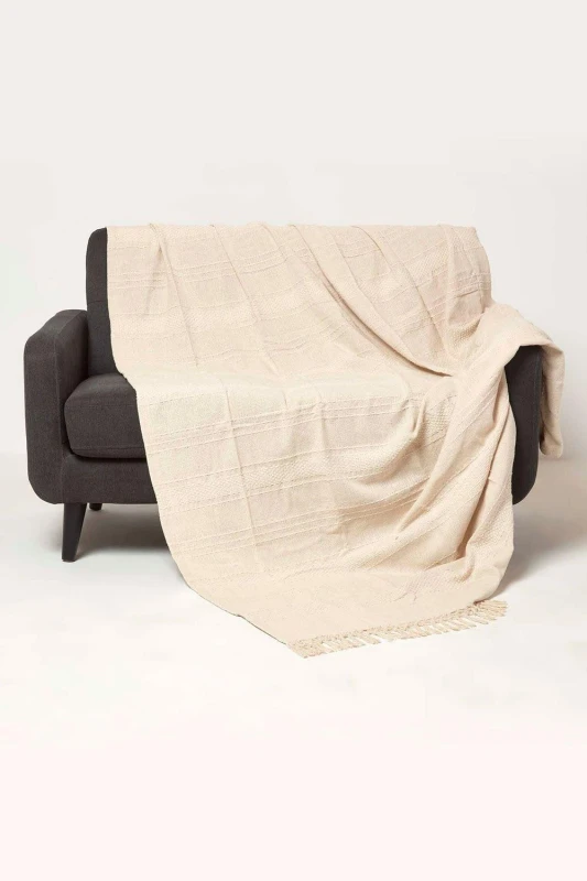 Image of HOMESCAPES Kashi Natural Cotton Throw with Tassels 255 x 360cm - Homescapes SF2264C
