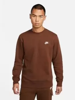 Image of Nike NSW Club Fleece Crew Sweat - Brown , Brown, Size L, Men
