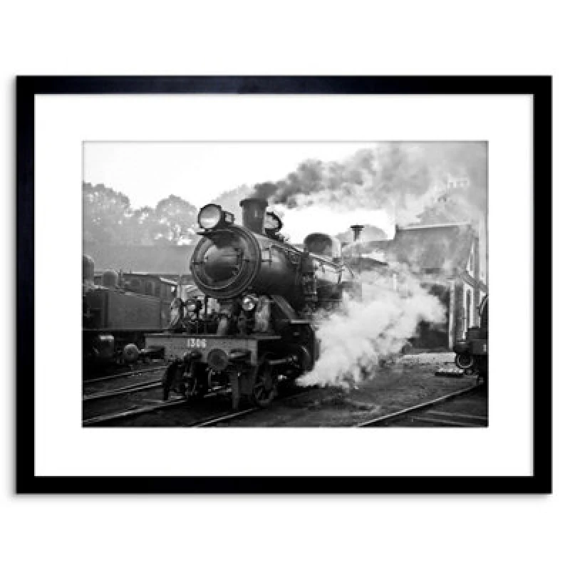 Image of Artery8 Wall Art Print Vintage Photo Steam Train Black White Engine Artwork Framed 9X7 Inch