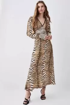 Image of Animal Mixed Print Plunge Neck Woven Midi Dress
