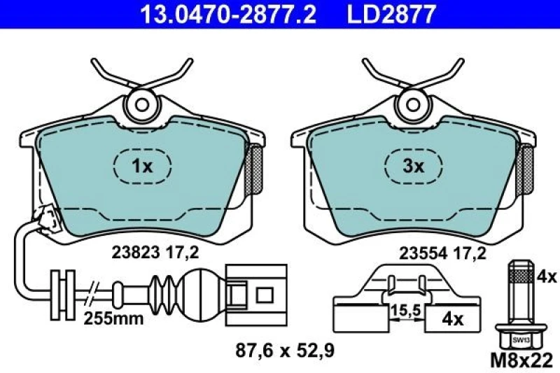 Image of ATE 13.0470-2877.2 Brake pad set incl. wear warning contact, with brake caliper screws Brake Pad Set,disc brake (402)