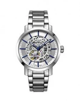Image of Rotary Rotary Greenwich Silver And Blue Detail Skeleton Auntomatic Dial Stainless Steel Bracelet Mens Watch