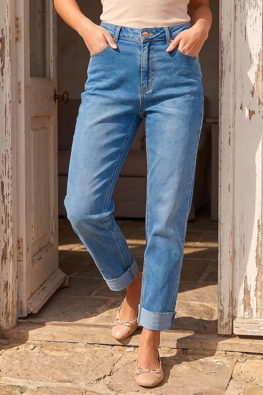 Image of Roman Womens Petite Turn Up Pocket Jeans in Mid Blue Size: 8 Mid Blue Female 8