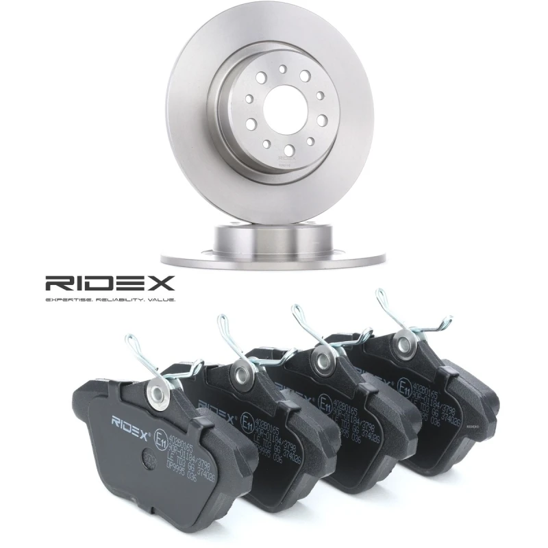 Image of RIDEX 3405B3309 Brake disc and pads set Rear Axle, Brake Disc Type: Solid, excl. wear warning contact Brake Set,disc brakes (3405)