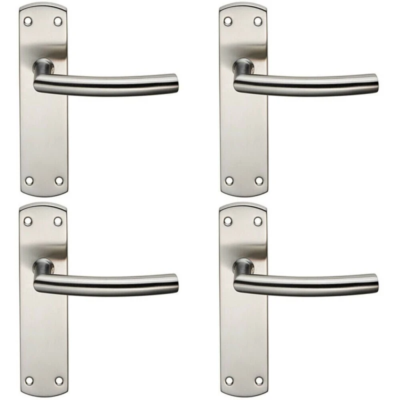 Image of Loops 4x Curved Bar Lever Door Handle on Latch Backplate 172 x 44mm Satin Steel Metallics
