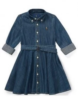 Image of Ralph Lauren Girls Classic Belted Denim Shirt Dress - Indigo, Size 8 Years, Women