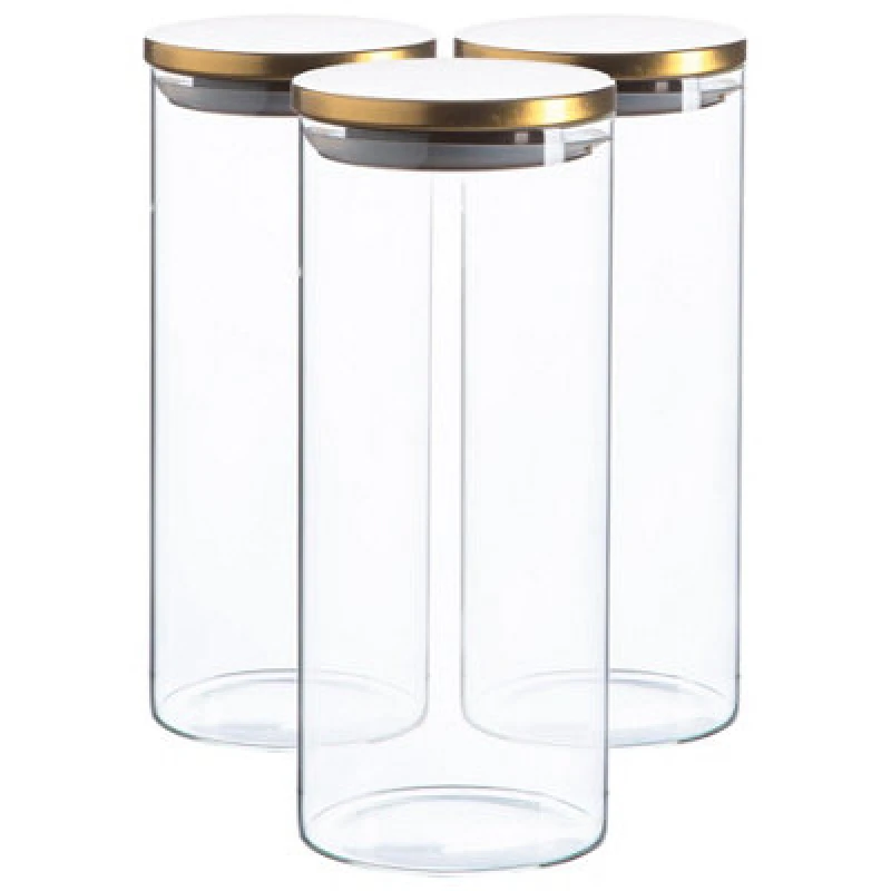 Image of Argon Tableware Glass Storage Jars - Gold Lid - 1.5 Litre - Modern Round Scandi Organisation Container Glass Jar - Set Of 3