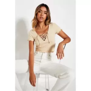 Image of I Saw It First Sand Crop T-Shirt With Tie Detail - Brown