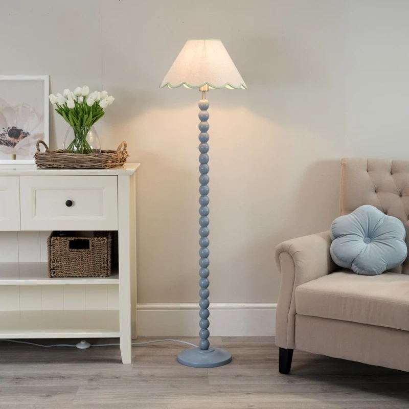 Image of ValueLights Bobbins Powder Blue Floor Lamp with Tapered Natural Linen Scallop Shade Green