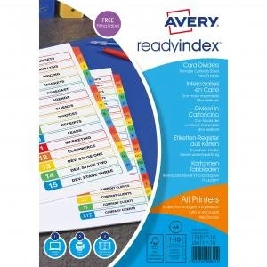 image of Original Avery ReadyIndex A4 Dividers Card with Coloured Contents Sheet Matching Mylar Tabs