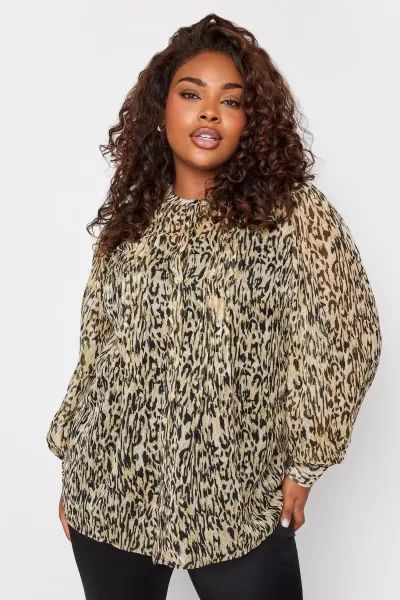 Image of Yours Printed Long Sleeve Chiffon Blouse Camel