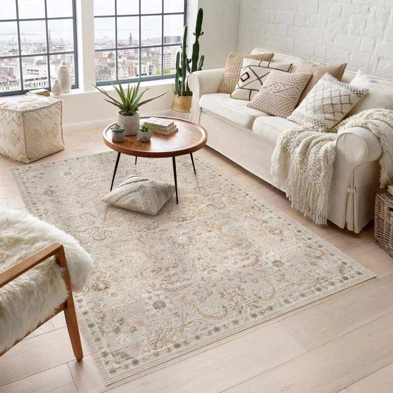 Image of Maia Washable Low Pile Non Slip Blossom Traditional Area Rug - Beige, 120 X 180 Cm (Rectangular)
