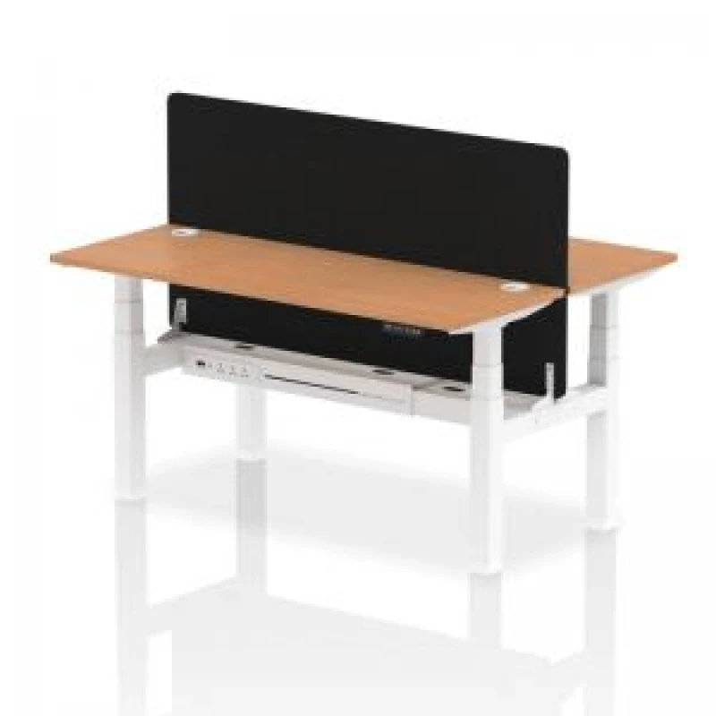 Image of Air Back - to - Back 1600 x 600mm Height Adjustable 2 Person Bench Office Desk Oak Top - Cable Ports White Frame - Black Straight Screen