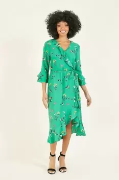 Image of Green 'Safiya' Bird Print Wrap Dress