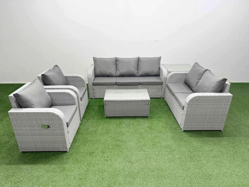 Image of Fimous PE Rattan Garden Furniture Set Adjustable Chair Sofa Double Love Seat 2 Seater Sofa Lounge Set Oblong Coffee Table Side Table Light Grey Light