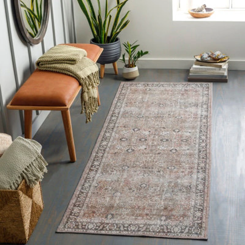 Image of Livabliss Colin-Washable Brown Orange Grey Traditionnal Vintage Boho Living Dining Rug 80 X 220 Cm Easy Care, Non Shedding