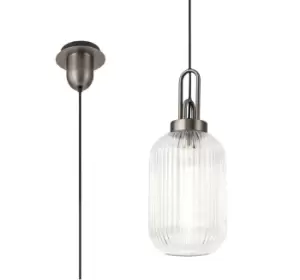 Image of 1 Light Pendant E27 20cm Tubular Ribbed Glass, Clear Antique Silver, Black