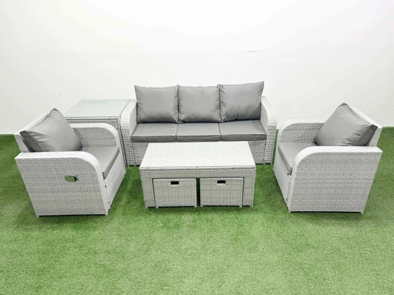 Image of Fimous PE Rattan Garden Furniture Set Reclining Chair Sofa Lounge Sofa Set Rectangular Coffee Table Side Table 2 Small Stools Light Grey Light Grey