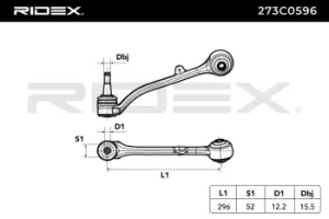 Image of RIDEX Suspension arm BMW 273C0596 31103412136,31103415028,31103418338 31103426434,31103451882,3412136,3415028,3418338,3426434,3451882,31103418338