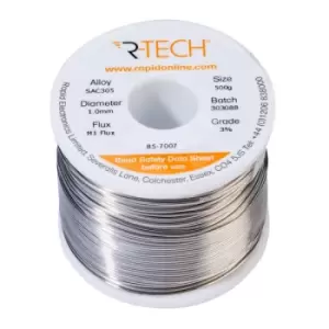 image of R-TECH 857007 SAC305 Solder 3% M1 Flux 0.5-2% Halide 1.0mm 500g Reel