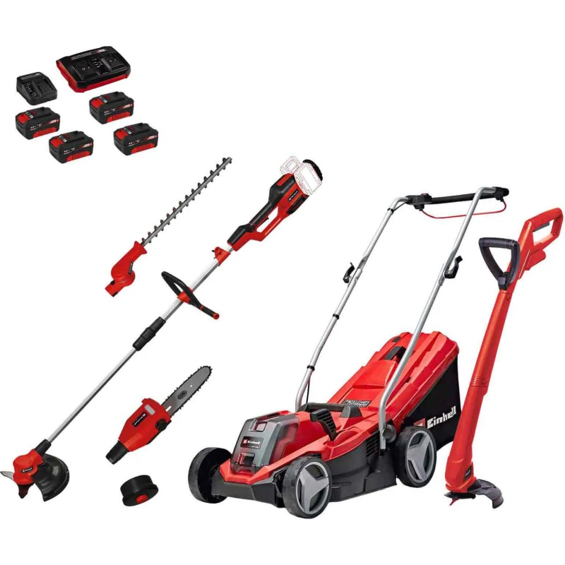 Image of Einhell GE-CM 18v Cordless Rotary Lawnmower, Grass Trimmer and Multi Tool Kit 4 x 4ah Li-ion Battery Charger GE-CMKIT4