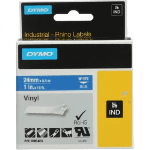 image of Dymo 1805423 White on Blue Vinyl Labels 24mm x 5.5m