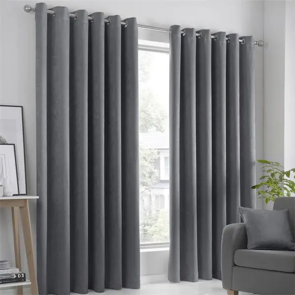 image of Fusion Strata Dim Out Self Lined Eyelet Curtains 90x90in Silver 40557811002