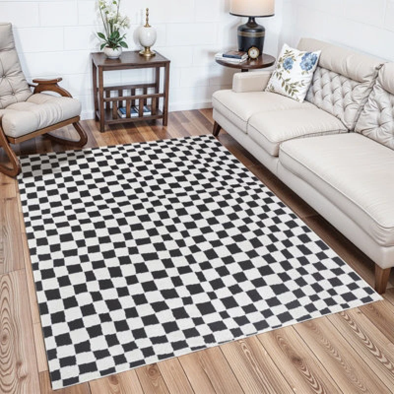 Image of Livabliss Scandi Modern High Pile Black Checkered Irina Area Rug 160 X 213cm - Easy Care, Ideal For Living Room & Bedroom