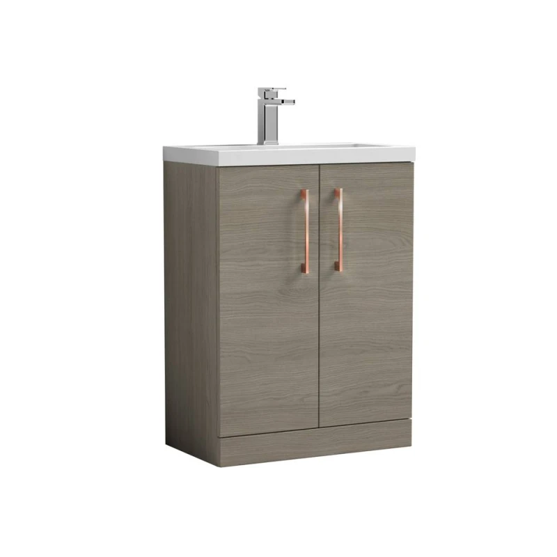 Image of Balterley Level Compact Bathroom Cloakroom Vanity Basin Unit With Ceramic Basin, Copper Handles, 600mm, Mid Oak