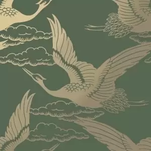 image of Holden Decor Metallic Cranes Green Wallpaper - 10.05m x 53cm