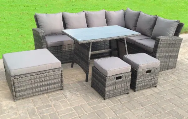 Image of Fimous 6 Seater Outdoor Dark Grey High Back Rattan Lounge Complete Sofa Set with Oblong Dining Table, 2 Stools and Big Footstool