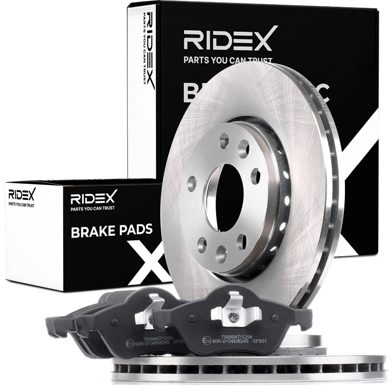 Image of RIDEX 3405B0434 Brake disc and pads set Front Axle, Brake Disc Type: Vented, excl. wear warning contact Brake Set,disc brakes (3405)