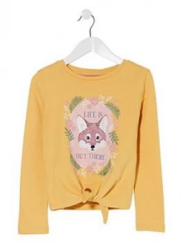 Image of FatFace Girls Long Sleeve Fox Tie Front T-Shirt - Ochre Size Age: 8-9 Years, Women