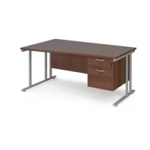 image of Office Desk Left Hand Wave Desk 1600mm With Pedestal Walnut Top With Silver Frame Maestro 25 MC16WLP2SW