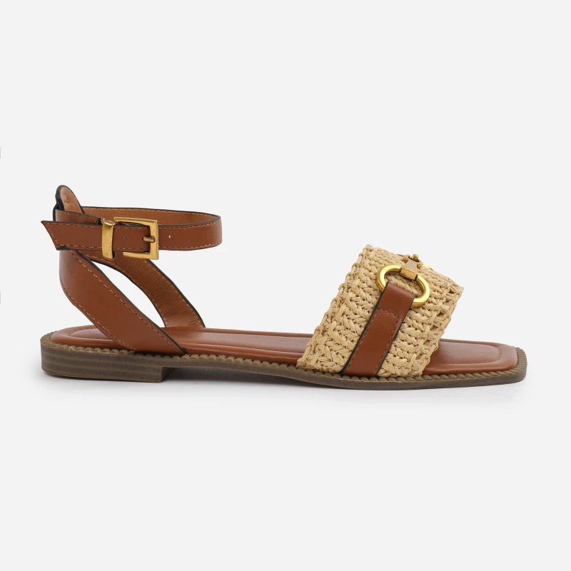 Image of Where's That From 'Bonnie' Pu Straw Detail Strap Sandals With Buckle Closure Tan