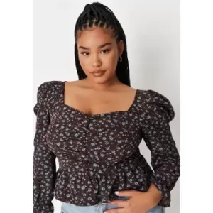 image of Missguided Plus Size Ruched Puff Sleeve Peplum Blouse - Black