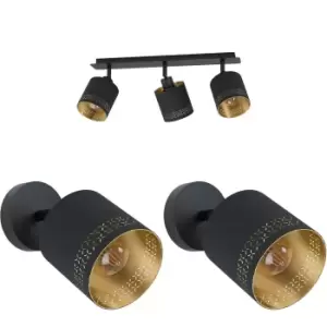 image of Ceiling Spot Light & 2x Matching Wall Lights Black Gold Pattern Adjustable Lamp