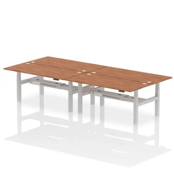 Image of Air Air Back-to-Back 1800 x 800mm Height Adjustable 4 Person Bench Desk Walnut Top with Cable Ports Silver Frame HASCP4P18800WNTS