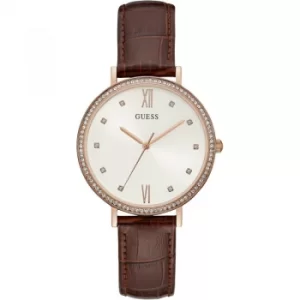 image of GUESS Ladies rose gold watch with brown croco leather strap.