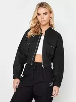 Image of PixieGirl Petite Black Cropped Utility Pocket Bomber Jacket, Black, Size 12, Women
