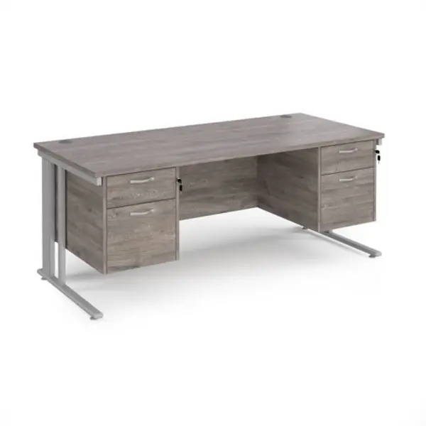 image of Maestro 25 straight desk 1800mm x 800mm with two x 2 drawer pedestals - silver cable managed leg frame, grey oak top