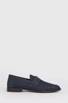 Image of Mens Navy Leather Basket Weave Loafers