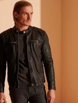 Image of Superdry Moto Racer Leather Jacket - Black, Size 2XL, Men