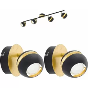 image of Quad Ceiling Light & 2x Matching Wall Lights Black & Gold Adjustable Trendy