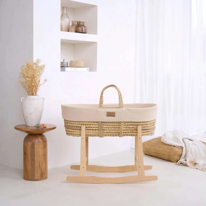 Image of Clair De Lune Organic Knitted Palm Moses Basket with Stand Moses Baskets One Size Cream 72604169000