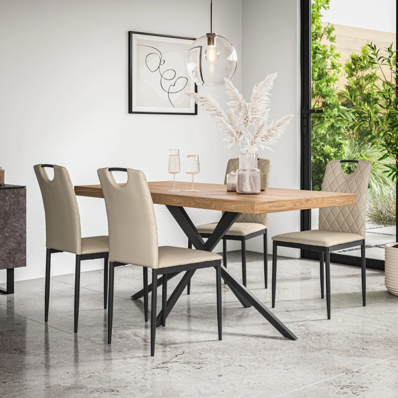 Image of More4Homes Donni Dining Table & Chairs - Oak Effect Table Top w Black Legs + Monza Faux Leather Dining Chair Set Of 4 in Beige Beige Unisex