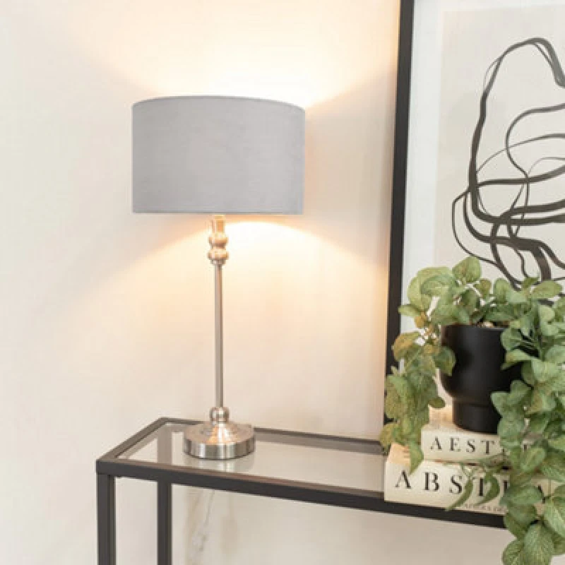 Image of ValueLights Maggie Brushed Chrome Candlestick Slim Table Lamp with Velvet Drum Lamp Shade Grey