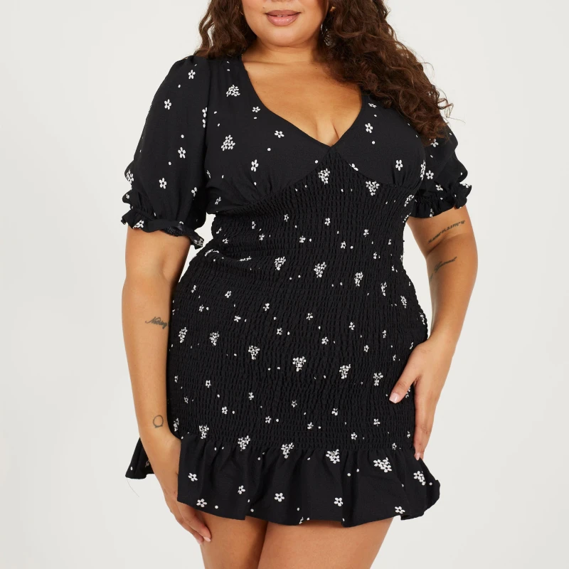 Image of Brave Soul BS Plus Size Puff Sleeve Mini Dress with Frill Hem Black/White female 16 (XL)