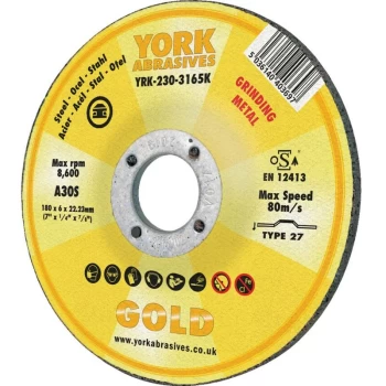 York Abrasives Gold - 125 X 6 X 22MM A30 S Reinforce Grinding Discs for Metal - Ty